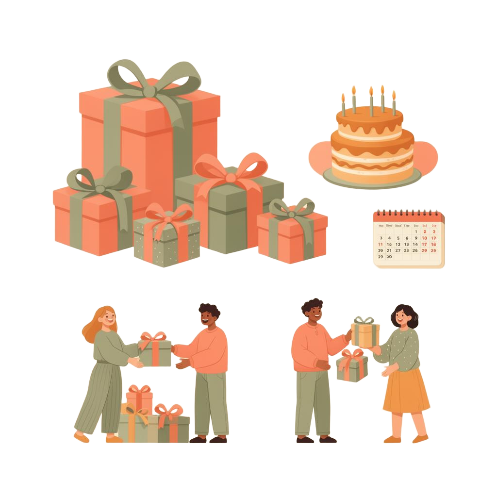 Gift Mate organized gifting illustration with people exchanging presents